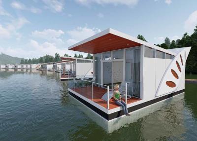 China Large Balcony White Luxury Prefab House Above Water Prefab Floating Chalet for sale