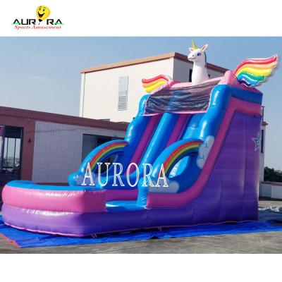 China Backyard Inflatable Water Slide Pink Blue Rainbow Horse Design For Kids for sale