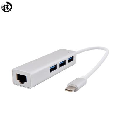 China Aluminum Alloy USB 3.1 Type C to Ethernet Adapter With 3 Port USB 3.0 HUB Type-C to RJ45 Network LAN Adapter Converter Cable for sale
