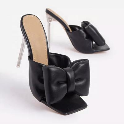 China Faux Leather Transparent Heel Slippers Black High Heel Sandals With Ankle Strap for sale