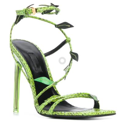 China Papaya Green Pointed Toe Stiletto Heels Raffia Trims Open Toe Ankle Strap Sandals for sale