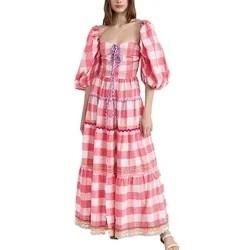 China                  Ladies Puff Sleeve Dress for Women Ruching Checks Clothing Manufacturers Elegant Cotton Custom Logo Maxi Dress              for sale