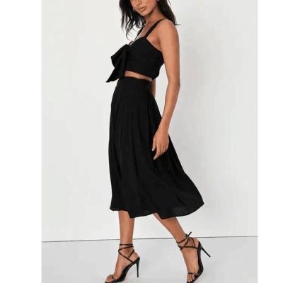 China                  Crinkle Woven Rayon Black Sleeveless Tie-Front Two-Piece Dress Smocked Crop Tank Top and High Waist Long Skirts Suits              for sale