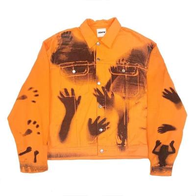 China                  Jacket Button Orange Men′s Jackets & Coats Full Over Digital Printed Distressed Denim Jacket              for sale