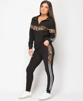 China                  Womens Tracksuits Cotton Polyester Leopard Print Side Stripe Women Jogging 2 Pieces Set              for sale