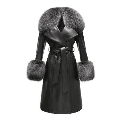 China                  Winter Fox Fur Collar Cuffs Women Long Leather Jacket Black Genuine Sheepskin Trench Leather Fur Coats for Ladies              for sale