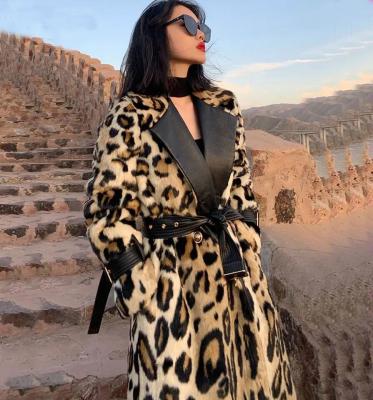 China                  Long Faux Fur Leopard Trench Coat Trimmed Fur for Women in Winter Fur Long Line Leopard Print Winter Jacket              for sale