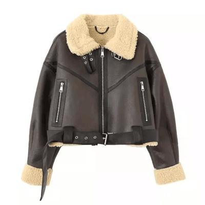 China                  Custom Cropped Leather Jacket Vintage Women′s Motor Jackets Brand Quality Sherpa Warm Bomber Coat for Women Winter              for sale