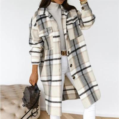 China                  Autumn Winter Coats for Women 2023 Lapel Pocket Long Plaid Shirt Jacket Coat Woolen Fleece Plaid Long Coats for Women              for sale