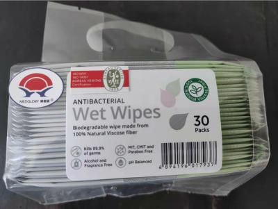 China Biodegradable 30 Packs Antibacterial Wet Wipes 100% Natural Viscose Fiber for sale