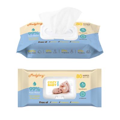 China Limpezas puras do bebê da água de 98 por cento para os neonatos 80pcs da pele sensível à venda