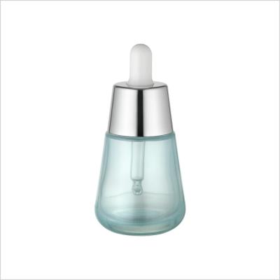 China 30ml Clear Thick Wall Glass Luxury Dropper Bottle Big Silver Aluminum Cap Cone Shape for sale