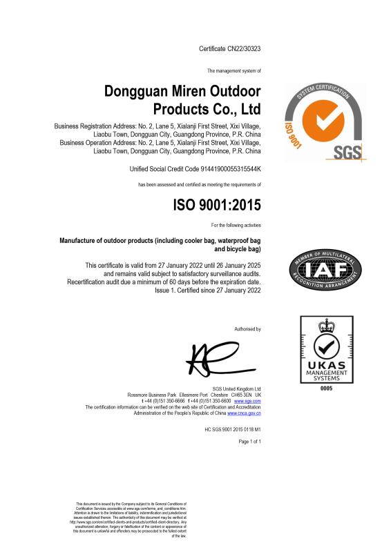ISO 9001:2015 - Dongguan Miren outdoor products Co., Ltd