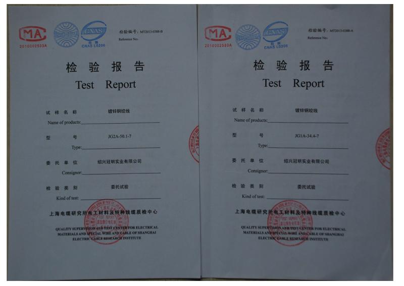 Type Test Certificate of Steel wires for ACSR 800KV - Zhejiang Guanming Power Transmission Material Corp.