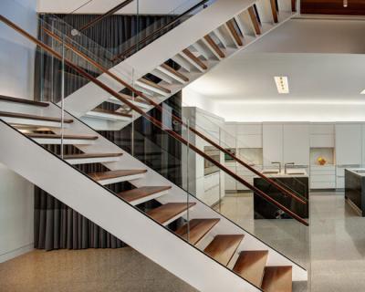 China Wooden Straight Staircase Design With Glass Railing for Residence for sale
