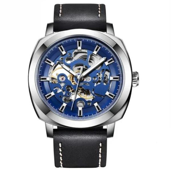Quality Skeleton Mechanical Waterproof Quartz Watch 45mm Dia Leather Strap Mens Watch for sale