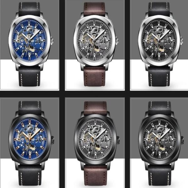 Quality Skeleton Mechanical Waterproof Quartz Watch 45mm Dia Leather Strap Mens Watch for sale