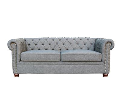China Chesterfield Three Seater Fabric Sofa Classic Buttons Timber Legs 2 3 Seater Sofa Grey for sale