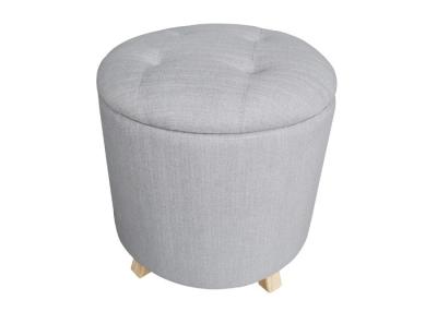 China Fabric Cover Storage Foot Stool Wood Legs Light Grey Round Footstool Ottoman for sale