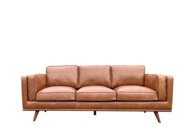 China Base de madera Sofá de cuero de tres asientos Asientos acolchados gruesos de castaño Sofá de cuero marrón en venta