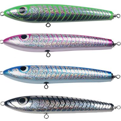 China 4 Colors 20CM/90g 3D Eyes Solid Wood Bait Treble Hooks 0.1-0.3m floating Wooden Pencil Fishing Lure for sale