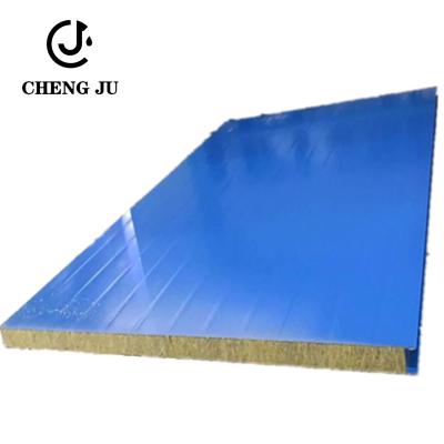 China 100mm 150mm Corrugated Sheet Sandwich Panel Fireproof Rock Wool Blue Color for sale