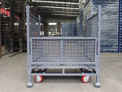 China 1000Kg White Foldable Wire Mesh Pallet Cage Warehouse Stillages Trolley With Wheels for sale