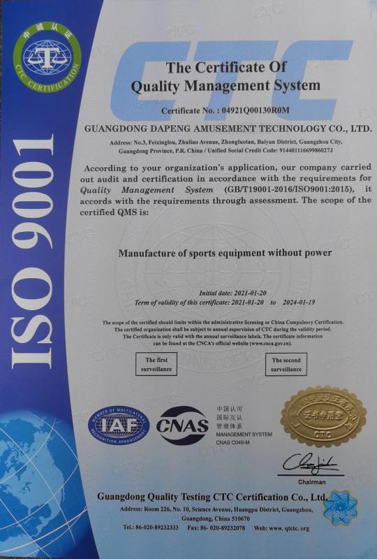 ISO9001 - Guangdong Dapeng Amusement Technology Co., Ltd.