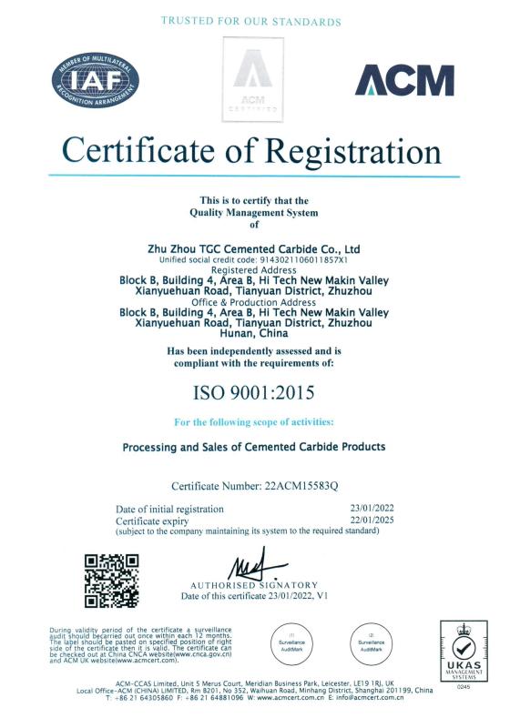 ISO 9001 2015 - Zhuzhou TGC Cemented Carbide Co.,Ltd.