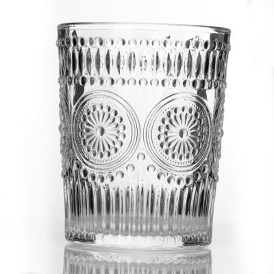 China Sunflower Embossed Old Fashioned Glass Ribbed Whisky Drinking Cup for sale