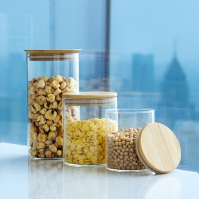 China Envases de vidrio con alto borosilicato para alimentos Contenedor de café con tapa de bambú en venta