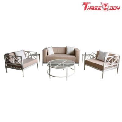 China 4 Seater fuera de la tabla y de las sillas, sofá de aluminio del marco blanco fijado para el hotel del patio en venta