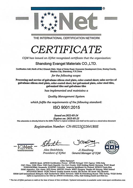 ISO9001:2015 - Shandong Evangel Materials Co., Ltd