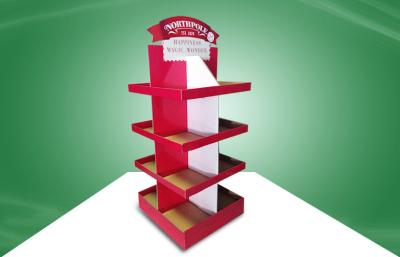 China Red Eco-friendly Corrugated Cardboard Free Standing Display Units Four Shelves Shinning Offset Printing for sale