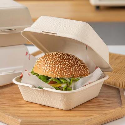 China Virgin 21g Disposable Hamburger Clamshell Box Sugarcane Bagasse Takeaway Boxes for sale