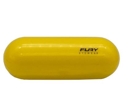 China La caja de vidrios plástica del cilindro amarillo grabó en relieve a Logo Effect en venta