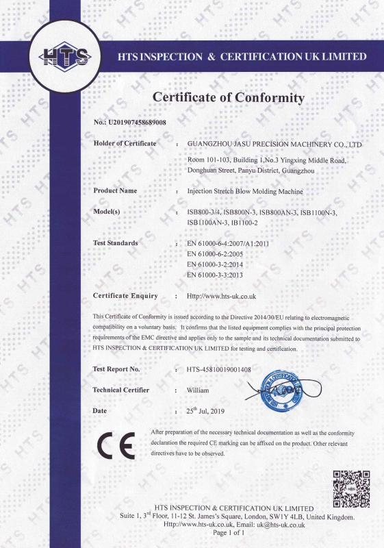 CE Certification of Injection Stretch Blow Molding Machine - Guangzhou JASU Precision Machinery Co., LTD