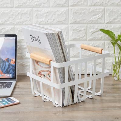 China White Long Rectangle Iron Storage Baskets With Wooden Handles for sale