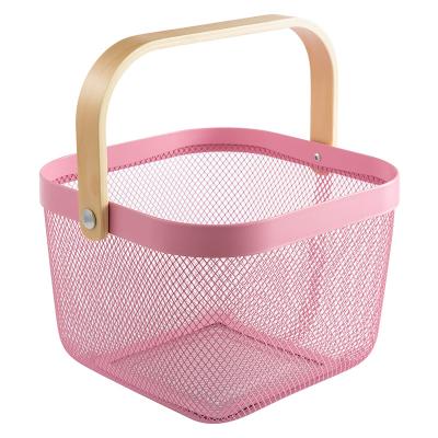 China Pink 24cm Cube Wire Storage Basket With Wooden Handle Kitchen Use for sale