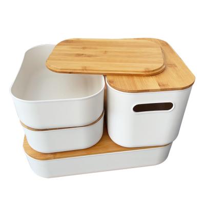 China Countertop PP Plastic Storage Organizer With Bamboo Lid For Kitchen for sale