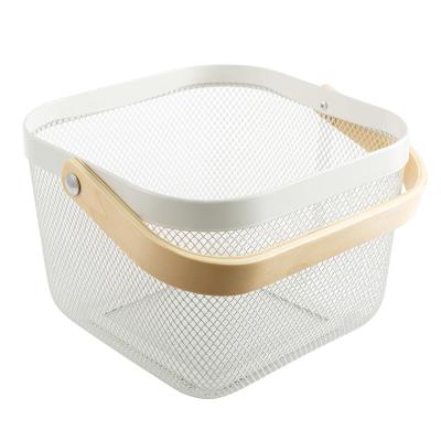 China 24X24cm Rectangular Wire Mesh Basket White Metal Basket With Wood Handle for sale