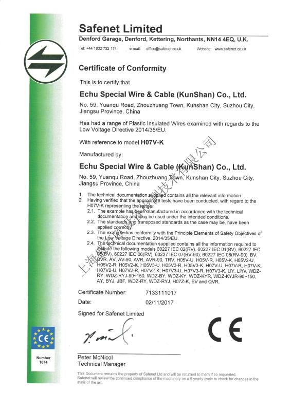 CE certifcate - ECHU Special Wire & Cable (Kunshan) Co., Ltd.