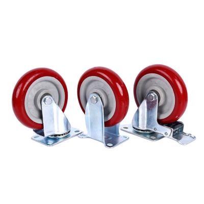 China 100kg Load Zinc Plated 5 Inch Swivel Plate Casters On Red PVC Polyurethane Wheels for sale