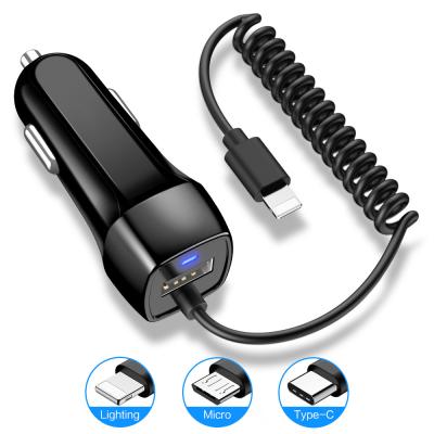China Micro USB Cigarette Lighter Car Charger Type C With Spring Cable OEM 5V 2.1A for sale
