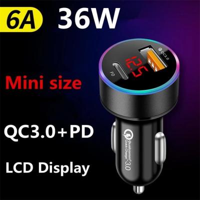 China LCD Type C Car Charger PD 6A 36W QC3.0 For IPhone Huawei Xiaomi for sale