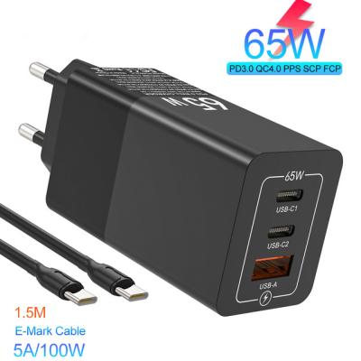 China PD GaN Fast Charger 3port QC4.0 65W Type C Charger Adapter 45W 20W for sale
