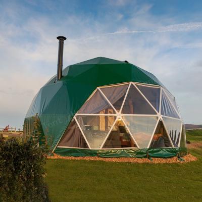 China Dark Green Glamping Geodesic Dome Tent Material PVC Canvas 6m Prefab Tent for sale