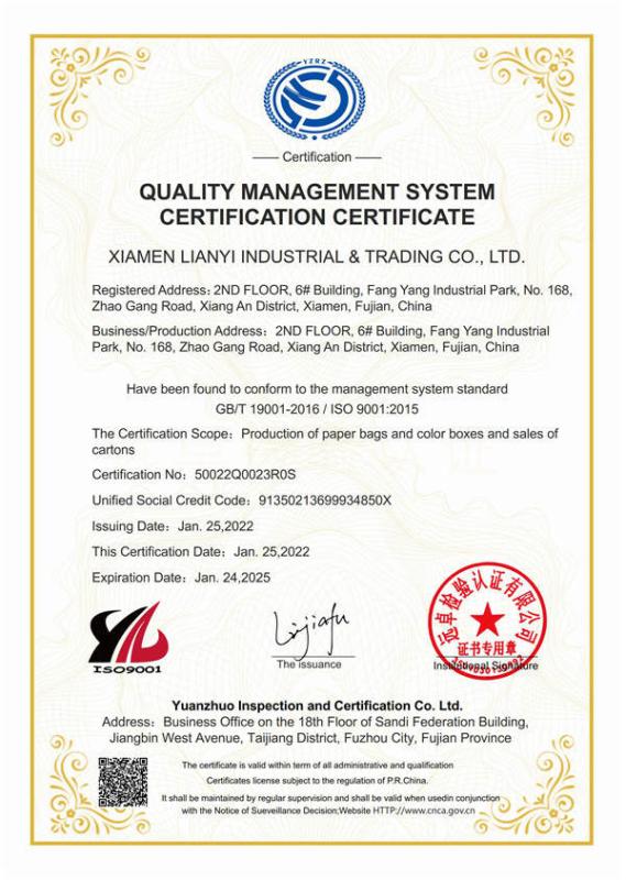 QUALITY MANAGEMENT SYSTEM - Lianyi International industrial and trading co.,Ltd