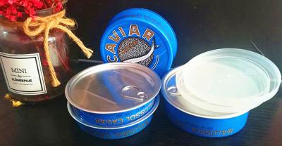 China Caviar Ring pull tin easy open caviar tin in Aluminum with plastic lid 3.5oz and 7oz en venta