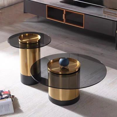 China Mesa de vidro de aço inoxidável refletor, conjunto de mesa de café de vidro preto temperado à venda